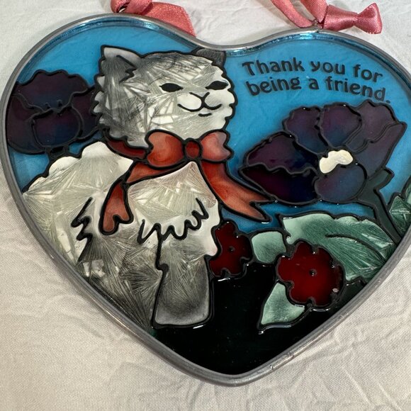 Joan Baker Designs Handpainted Stained Glass/Sun Catcher Gray Cat w/ Flowers - Picture 2 of 6